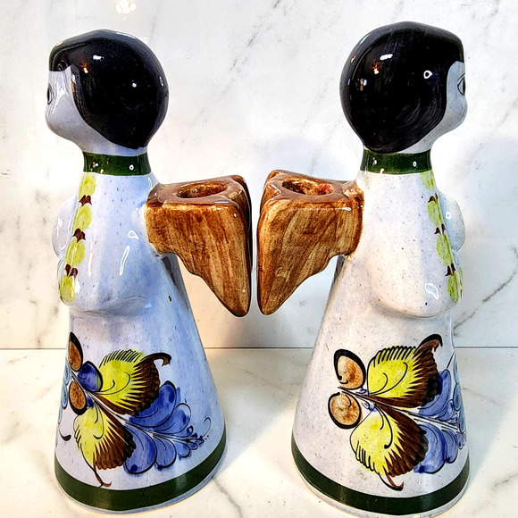 Set of 2 Vintage Tonala Ceramic Pottery Angel Candle Stick Holders Mexico 9" - Picture 3 of 10